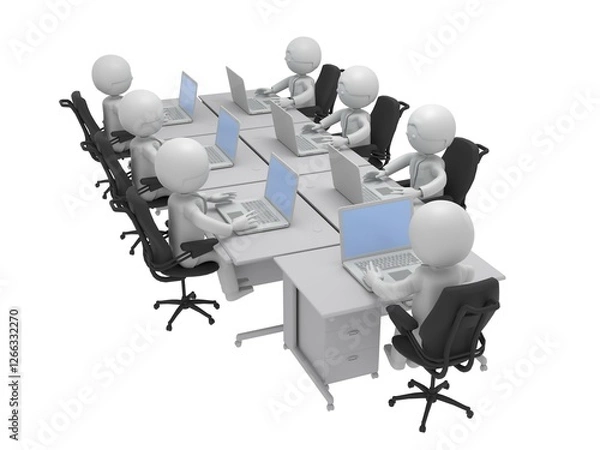 Obraz たくさんの机が並ぶオフィスで、ノートパソコンを操作して仕事するビジネスマンたち