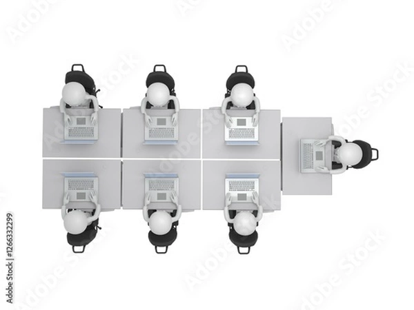 Fototapeta たくさんの机が並ぶオフィスで、ノートパソコンを操作して仕事するビジネスマンたち