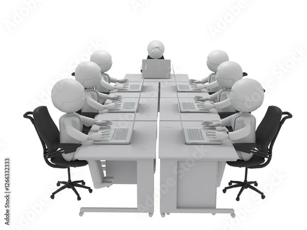 Obraz たくさんの机が並ぶオフィスで、ノートパソコンを操作して仕事するビジネスマンたち