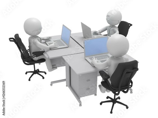 Obraz たくさんの机が並ぶオフィスで、ノートパソコンを操作して仕事するビジネスマンたち