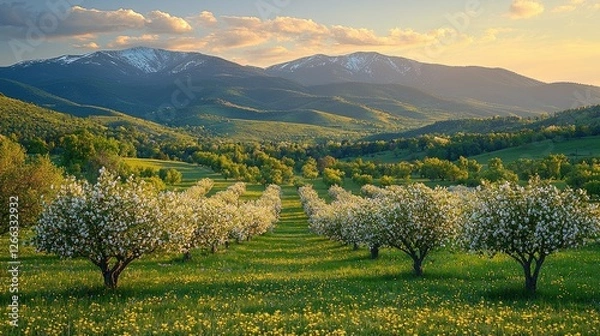 Fototapeta Serene Orchard Landscape at Sunset with Blossoming Trees and Majestic Mountains in Background