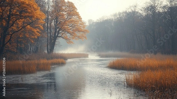 Fototapeta Tranquil autumn landscape featuring a serene river surrounded by golden foliage and mist