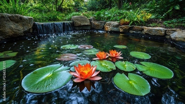 Fototapeta Serene water lily pond in a lush garden with vibrant flowers and gentle waterfall backdrop