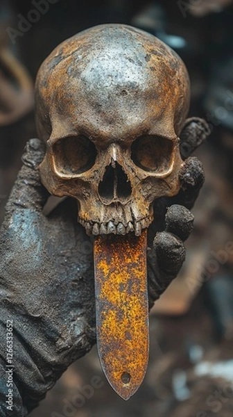 Fototapeta A weathered hand holds a rusty skull with a blade, set against a blurred industrial backdrop