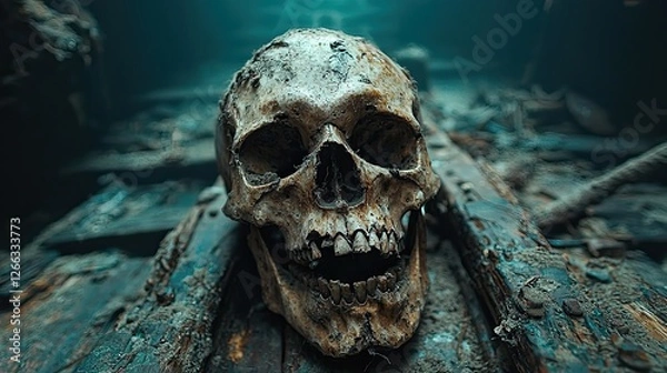 Fototapeta A close-up view of an ancient skull resting on a weathered wooden surface in a dimly lit environment