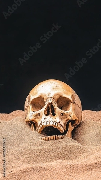 Fototapeta A human skull partially buried in sand, illuminated against a dark background, evoking mystery