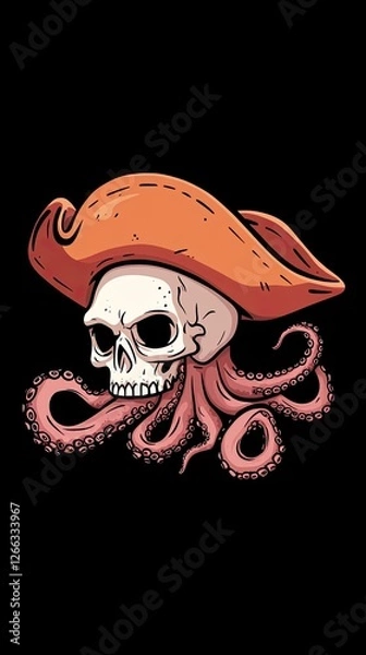 Fototapeta A whimsical illustration featuring a skull wearing a pirate hat with octopus tentacles, set against a black background