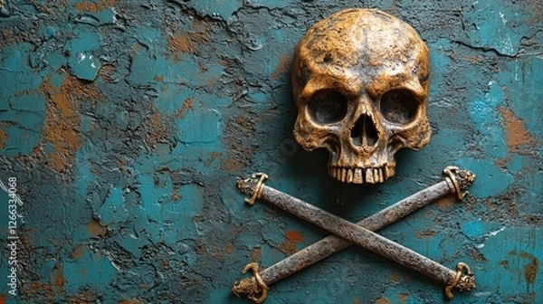 Fototapeta A weathered wall featuring a metallic skull and crossbones emblem, evoking a pirate theme