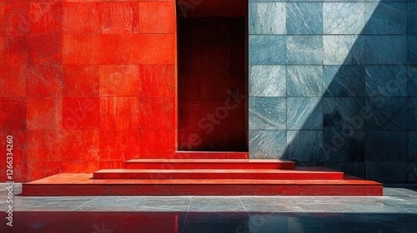 Fototapeta Vibrant red and blue architectural entrance with steps leading to a shadowed doorway