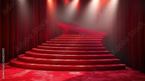 Fototapeta Elegant red carpet staircase illuminated by dramatic lighting in a theater setting