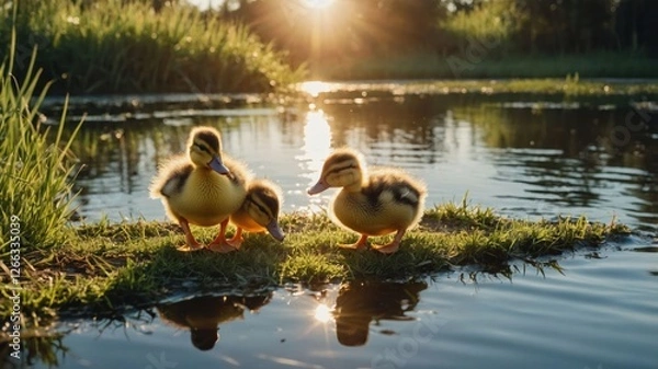 Fototapeta Three ducklings on the grass by a serene pond during sunset.