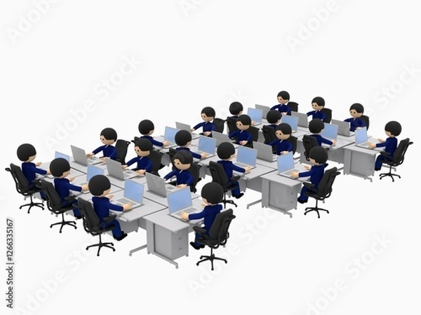 Fototapeta たくさんの机が並ぶオフィスで、ノートパソコンを操作して仕事するビジネスマンたち