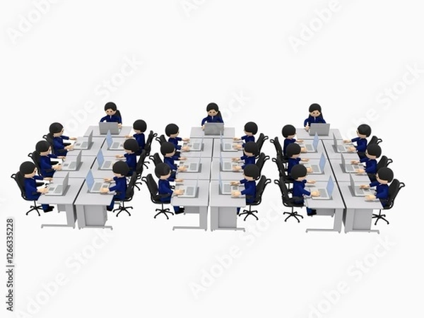 Obraz たくさんの机が並ぶオフィスで、ノートパソコンを操作して仕事するビジネスマンたち