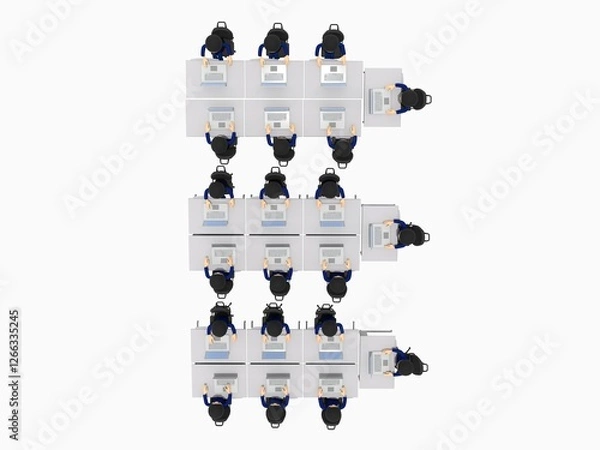 Fototapeta たくさんの机が並ぶオフィスで、ノートパソコンを操作して仕事するビジネスマンたち