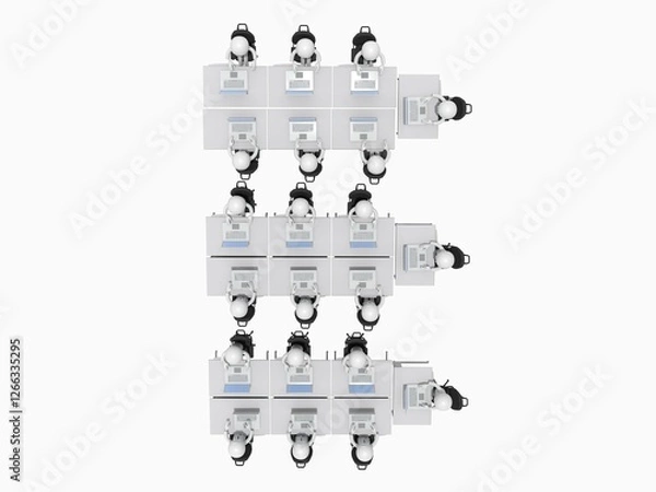 Obraz たくさんの机が並ぶオフィスで、ノートパソコンを操作して仕事するビジネスマンたち