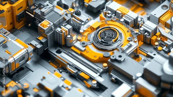Fototapeta Intricate Circuit Design with Orange and Gray Geometric Components. Abstract close-up visualization of a detailed circuit with layered orange and gray elements.