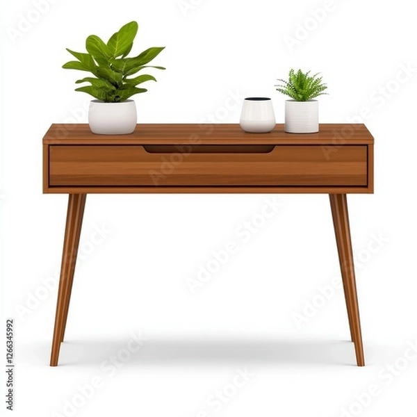 Fototapeta Modern Walnut Console Table with Plants, Generative AI.
