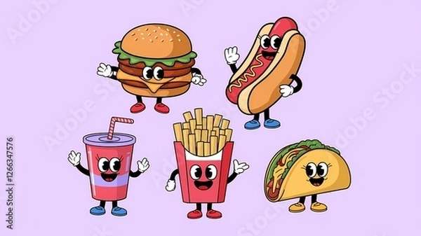 Fototapeta cartoon fast food and takeaways character groovy mascots retro pop art comic design