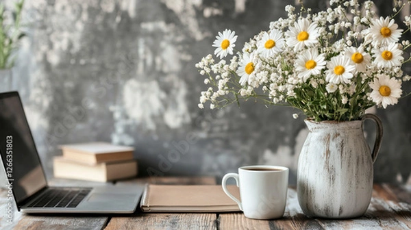 Fototapeta Workplace with laptop, cup of tea and bouquet of daisies on wooden table on grey background. Copy space. 