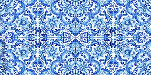 Fototapeta Vector decorative pattern blue and white design with frame or border. Baroque Vector mosaic. Traced watercolo. Capri Majolica