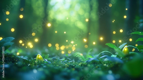 Fototapeta mystical forest scene with glowing lights and lush greenery creates serene atmosphere. vibrant plants and soft bokeh effect enhance enchanting feel of nature