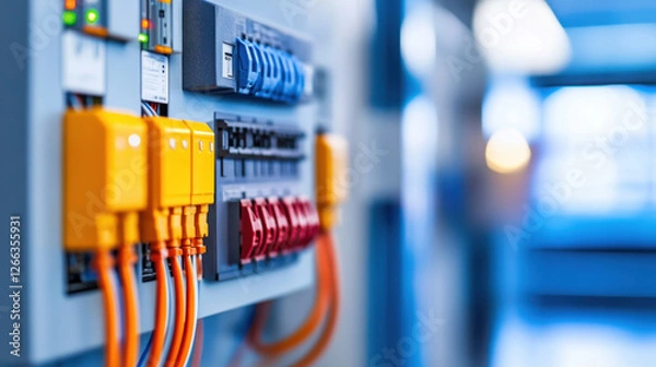 Fototapeta Electrical breaker box with colorful circuit breakers and wires, showcasing close up view of components. image conveys sense of modern electrical systems and safety