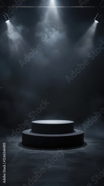 Fototapeta Podium black dark smoke background product platform abstract stage texture fog spotlight Dark black floor podium dramatic empty night room table concrete wall scene place display studio smoky
