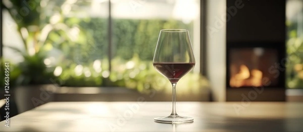 Fototapeta Glass of red wine on table near fireplace and window.
