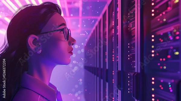 Obraz Animated concept of a female Chief Technology Officer controlling the activation of servers in a large data center, beginning the cloud computing and digitalization process.

