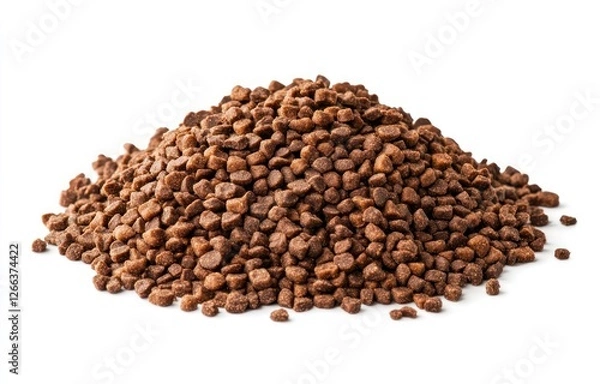Fototapeta Close-up of a pile of small, dark brown kibble, isolated on a white background.
