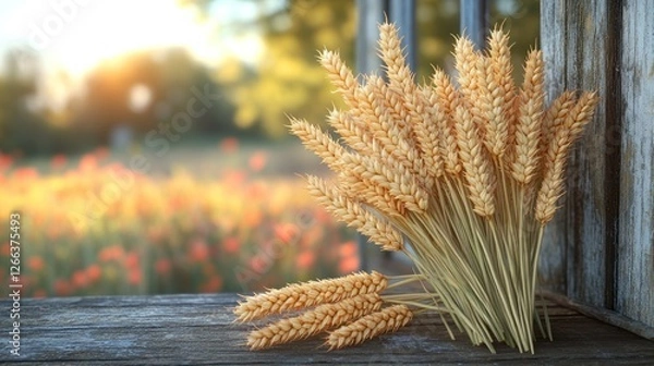 Fototapeta Golden wheat ears on rustic wooden surface with blurred sunset garden background. Possible use agriculture, harvest, nature