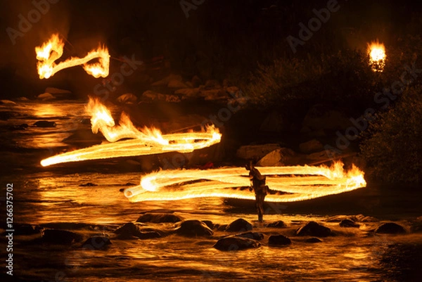 Fototapeta 火ぶり漁 清流馬瀬川 鮎の伝統漁法 岐阜県下呂市馬瀬