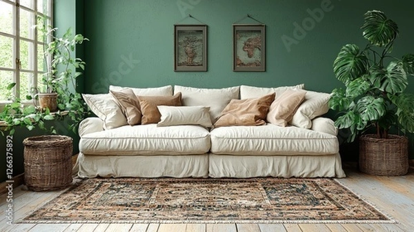 Fototapeta Cozy living room featuring a plush white sofa, green walls, and decorative plants, creating a serene atmosphere