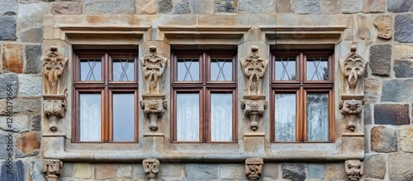 Obraz Three ornate windows in a stone wall, detailed carvings.