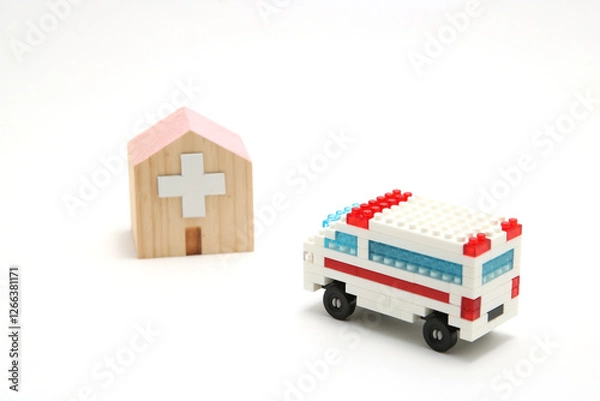 Obraz 救急車と病院のミニチュア模型｜医療・救急・病院のイメージ