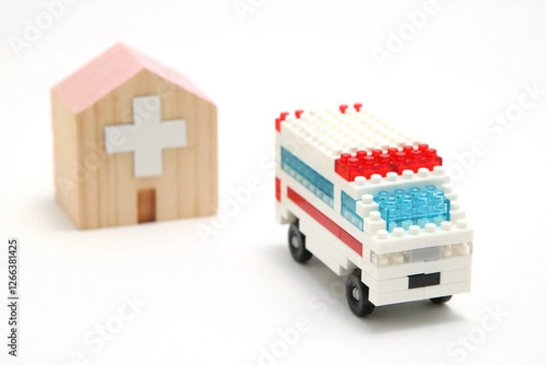 Obraz 救急車と病院のミニチュア模型｜医療・救急・病院のイメージ
