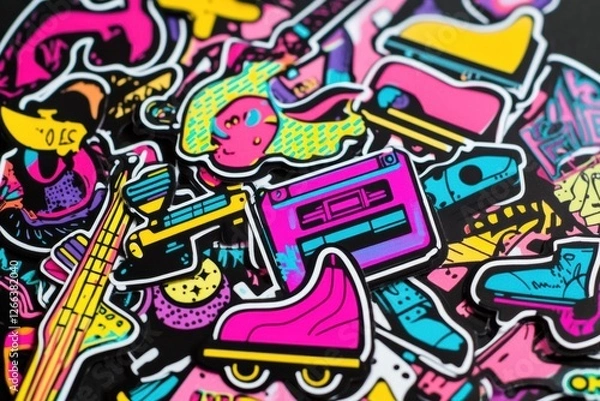 Fototapeta Retro sticker designs featuring roller skates, cassette tapes, electric guitars, and bold graffiti typography in vibrant colors. Generative AI