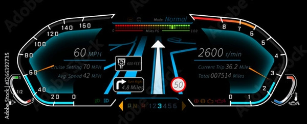 Fototapeta Dial Cluster template, Dial Cluster vector, dashboard template - illustrated in NORMAL driving mode with SatNav - vector graphics in Adobe Illustrator format