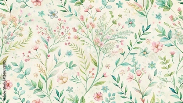 Fototapeta Elegant Watercolor Floral Pattern Delicate Blooms and Lush Greenery in a Seamless Design for Textile, Wallpaper, or Wrapping Paper