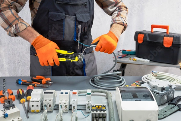 Obraz  electrician working on an electrical panel with wires. electrician at work.