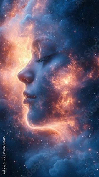 Fototapeta Celestial Portrait, A cosmic blend of humanity and stars in dreamy sky, Generated AI