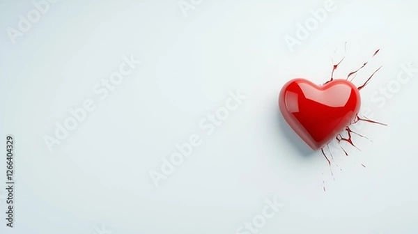 Fototapeta A red, broken heart shape, symbolizing lost love and Valentine's Day heartbreak, bleeds on a white background