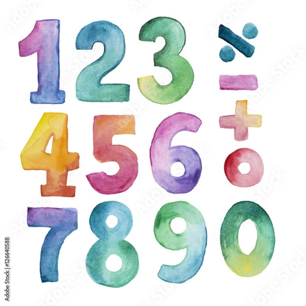 Fototapeta set of watercolor number from one to nine and zero