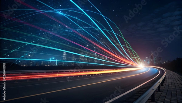 Fototapeta Dark Digital Background with Glowing Data Streams and Dynamic Lines. Perfect for: Tech Conferences, Cyber Security Awareness Month, IT Networking Events