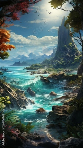 Fototapeta lanscape background, forest, mountain, river Created with Generative AI technology