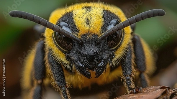 Obraz Close-up of a vibrant yellow and black bee resting on a wooden surface amidst greenery