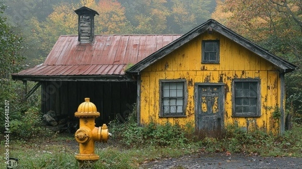 Obraz Abandoned yellow house beside a vintage fire hydrant in a misty forest setting