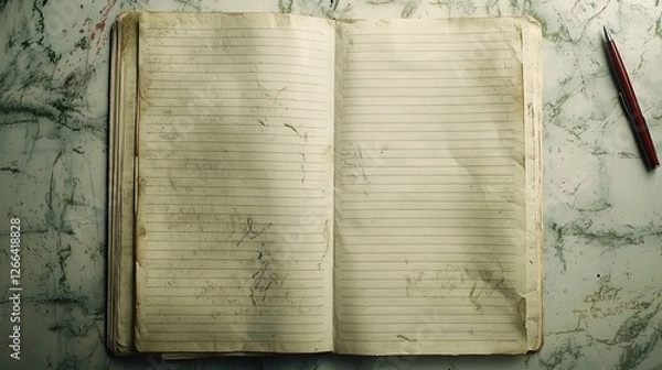 Fototapeta Open notebook on a marbled surface, displaying blank pages with slight wear, suggesting use