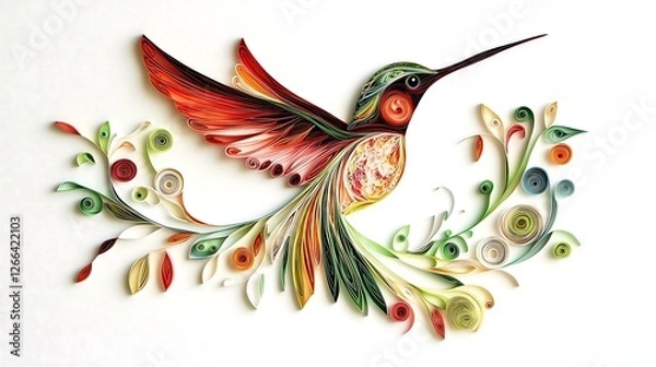 Fototapeta Crafted Colorful Paper Quilling Techniques Textured Layers Colorful hummingbird design made from intricate paper quilling art.