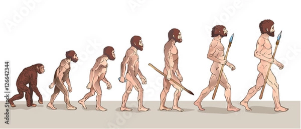 Fototapeta Ewolucja człowieka. Ewolucja człowieka. Ilustracje historyczne. Ilustracja wektorowa ewolucji człowieka. Progress Growth Development. Małpa, Neandertalczyk, Homo Sapiens. Prymas z bronią.